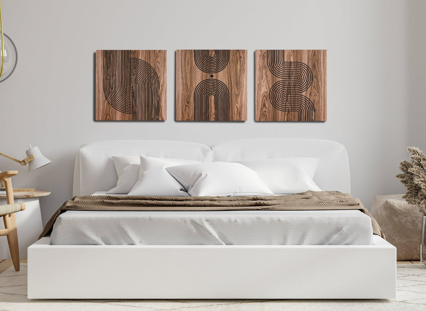 Arc Suite Walnut triptych above bed, three panel wall set composition