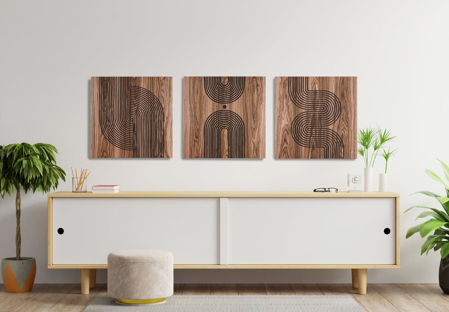 Arc Suite Walnut triptych above sideboard, three panel wall set composition