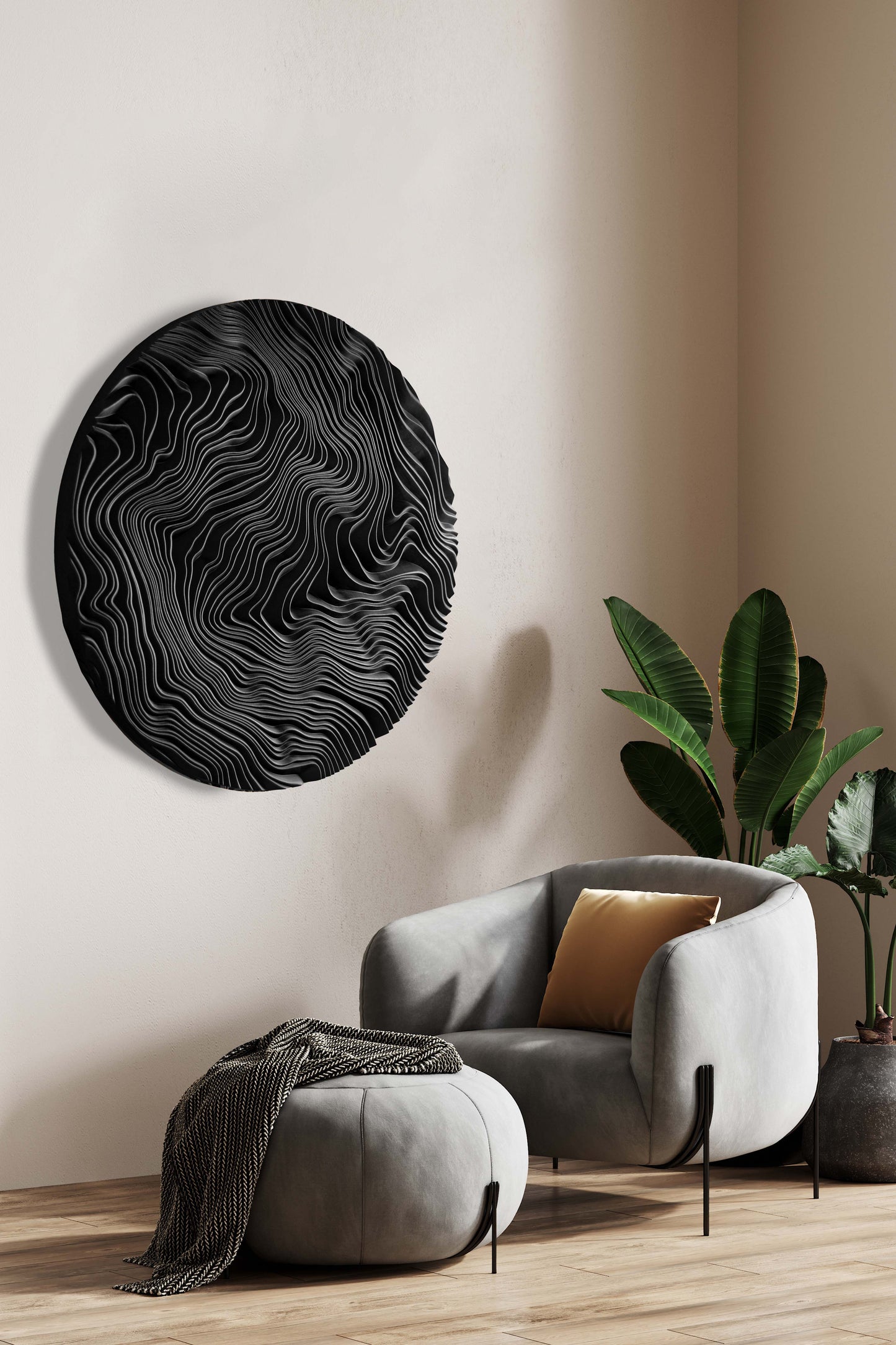 An airy home office with a circular canyon-inspired Iroko panel, pairing boho chic interior warmth and bold geometric design lines.