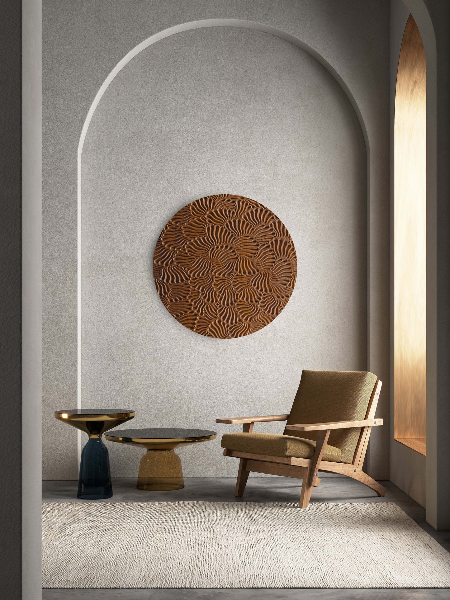 Shells iroko round wall sculpture styled in an arched niche interior