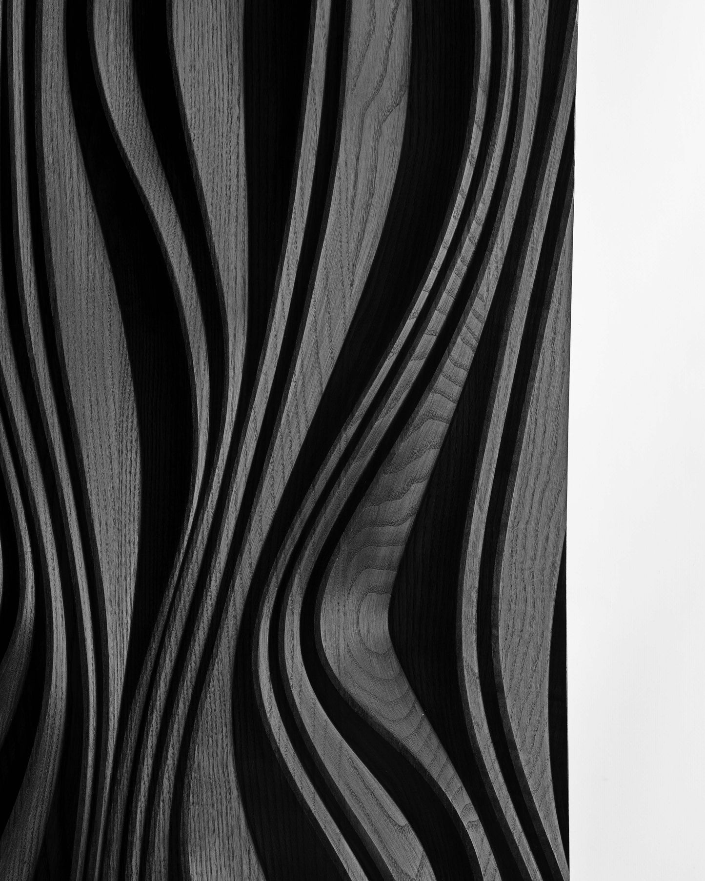 Edge close up of black carved relief with wood grain detail