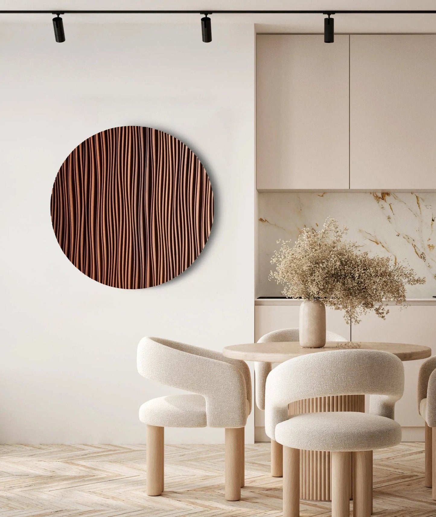 A carved round panel featuring subtle line grooves, enriching house design and geometry art flair in a minimal entryway corner.