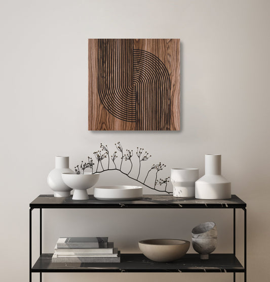 Arc Suite Walnut Arc panel above console table, styled interior view