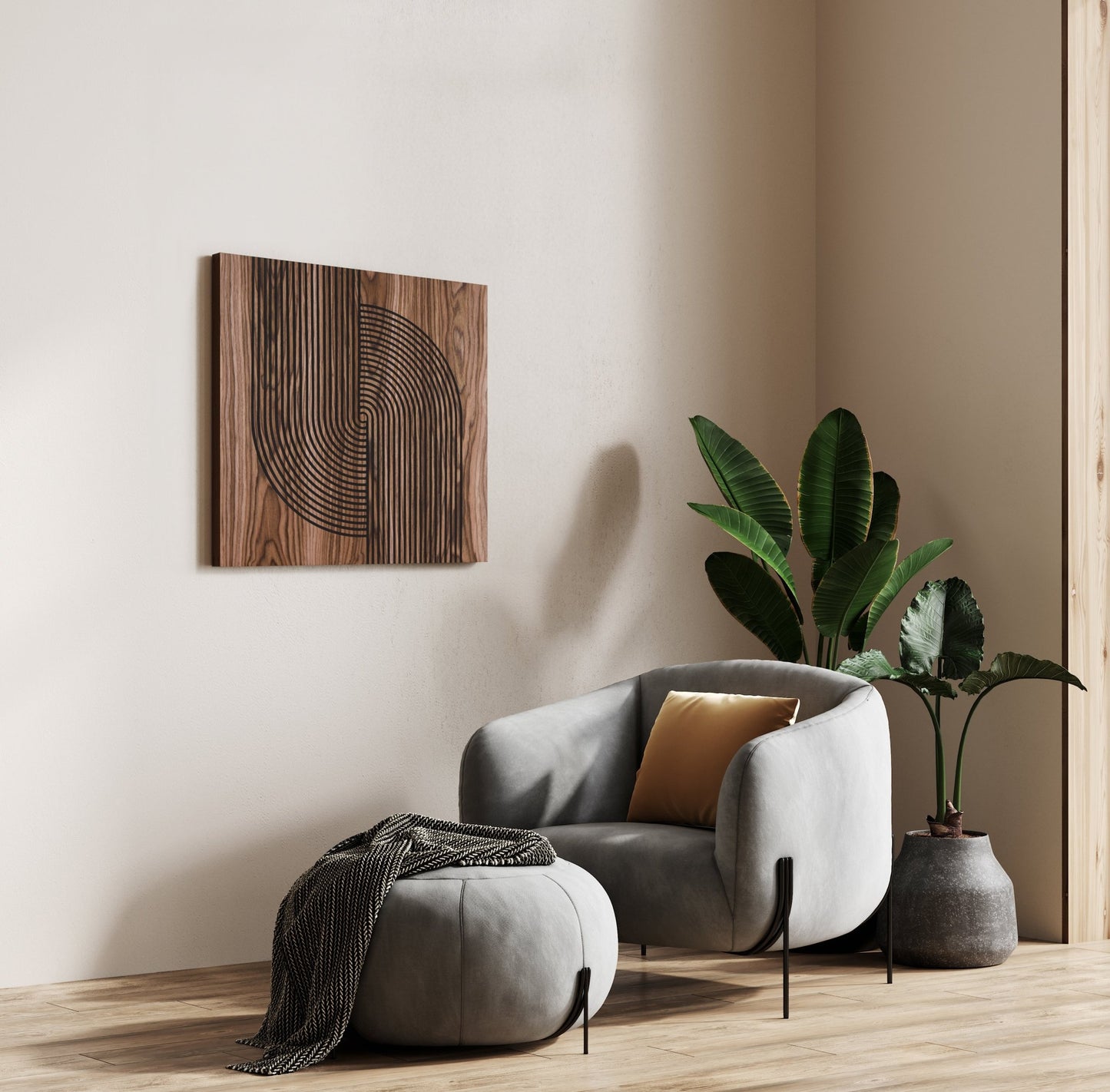 Arc Suite Walnut Arc panel in living room, full wall view with armchair