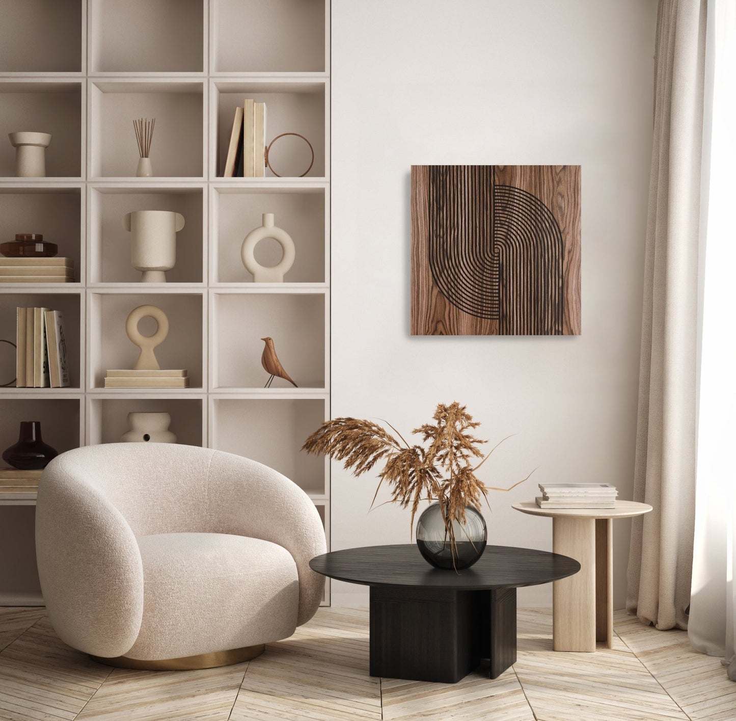 Arc Suite Walnut Arc panel on wall near shelving, full interior view