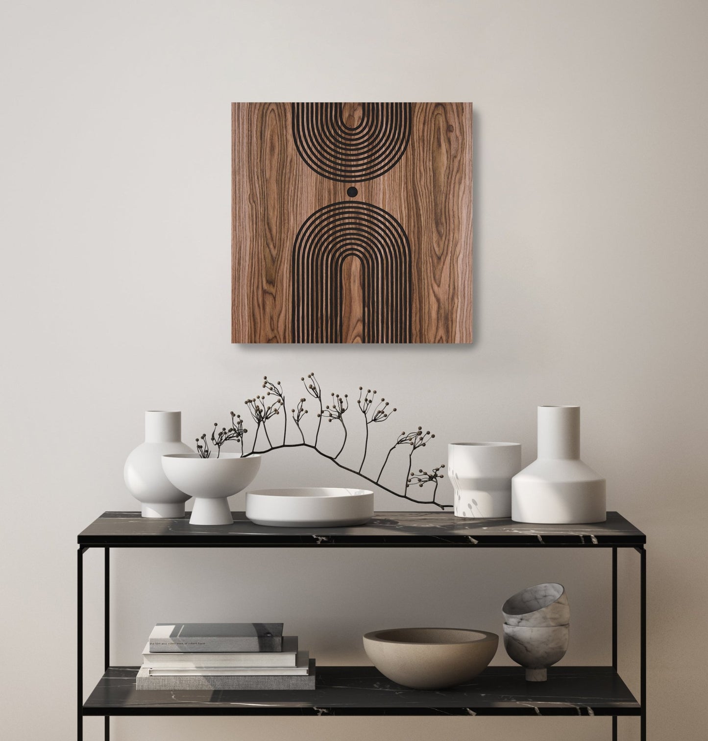 Walnut and black geometric wall panel installed above console table, Arc Suite Walnut Gate