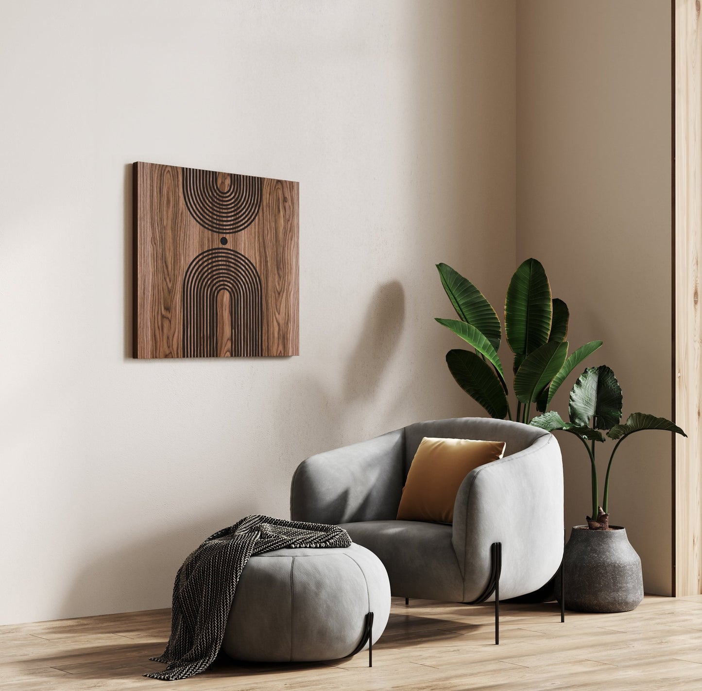 Arc Suite Walnut Gate panel installed in lounge corner with armchair and plant