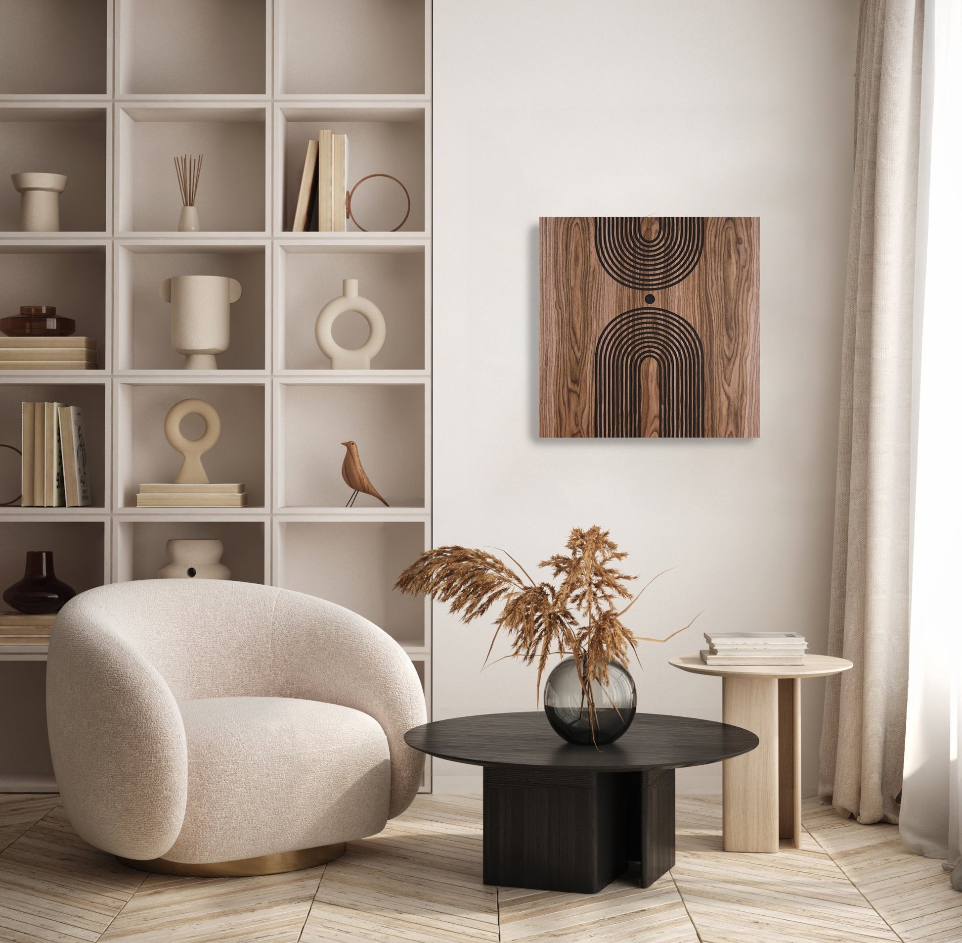 Walnut and black geometric panel on wall near shelving, full interior view