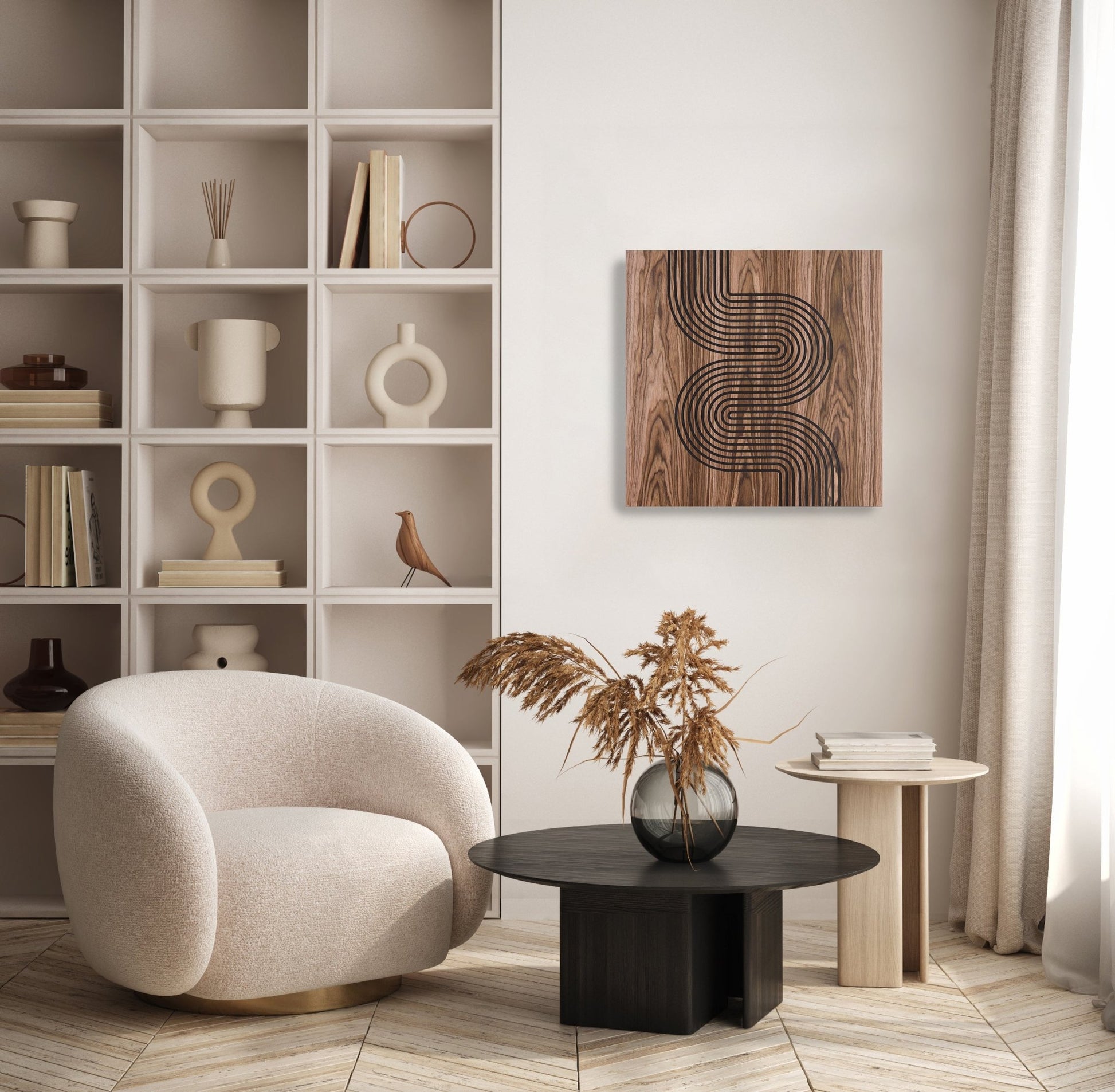 Side close up of the carved linework, walnut surface and black grooves in perspective