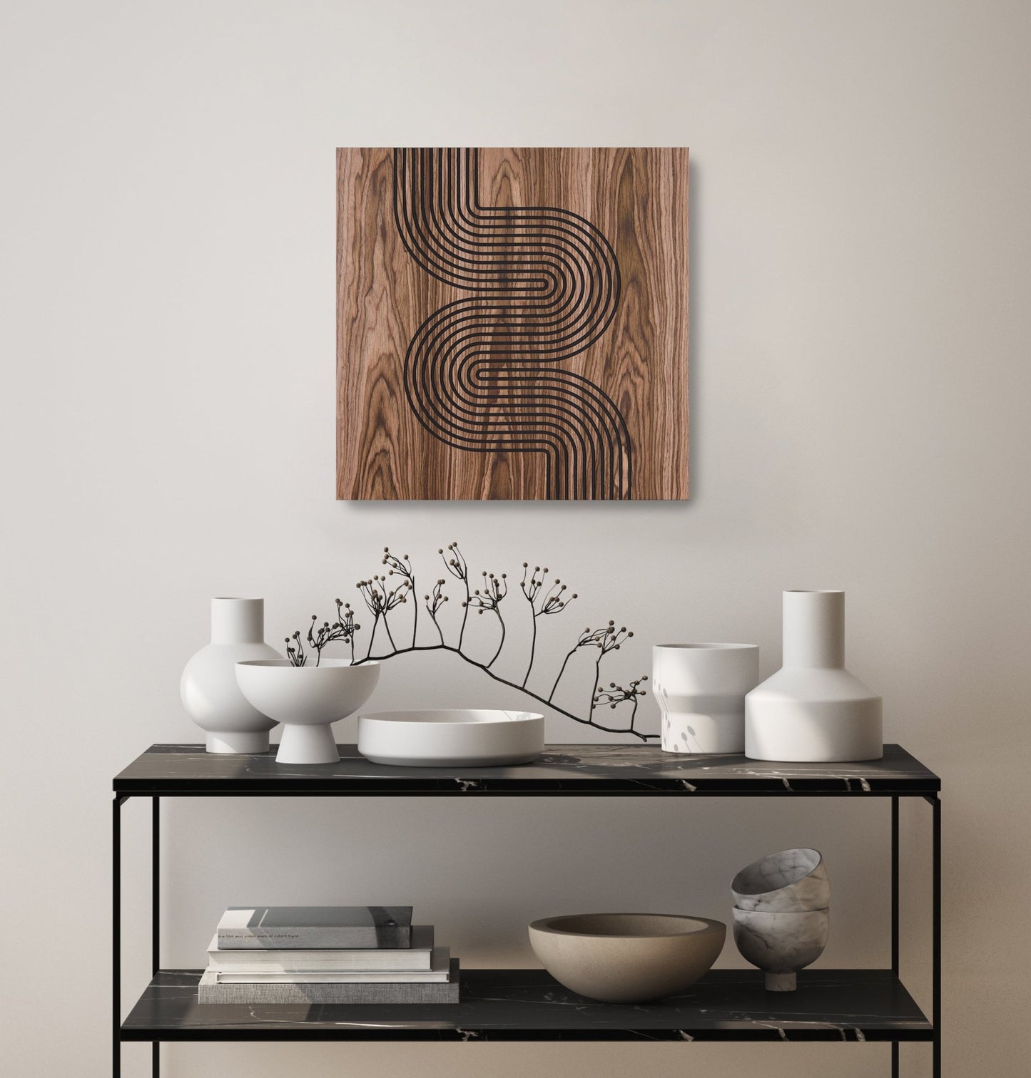 Walnut and black geometric panel Arc Suite Walnut Sway above console table, styled interior view