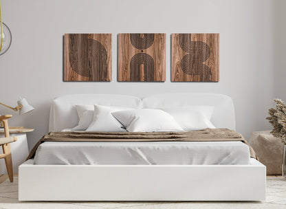 Arc Suite Walnut triptych above bed, three panel wall set composition