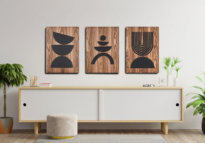 Arc Suite Walnut triptych displayed as a three panel composition above a sideboard