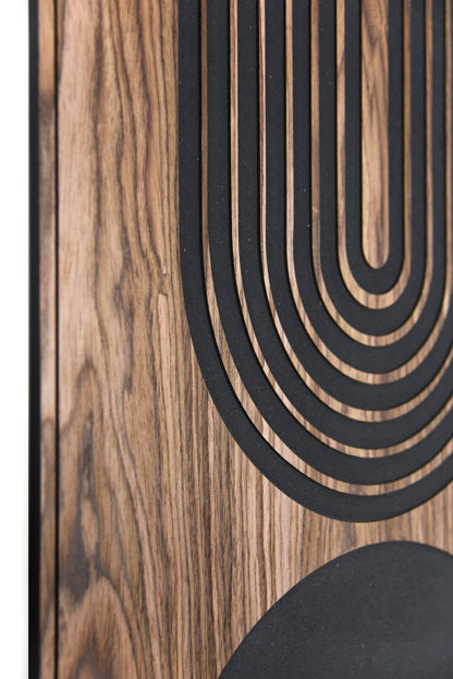 Side close up showing walnut grain and the black inlay surface in perspective