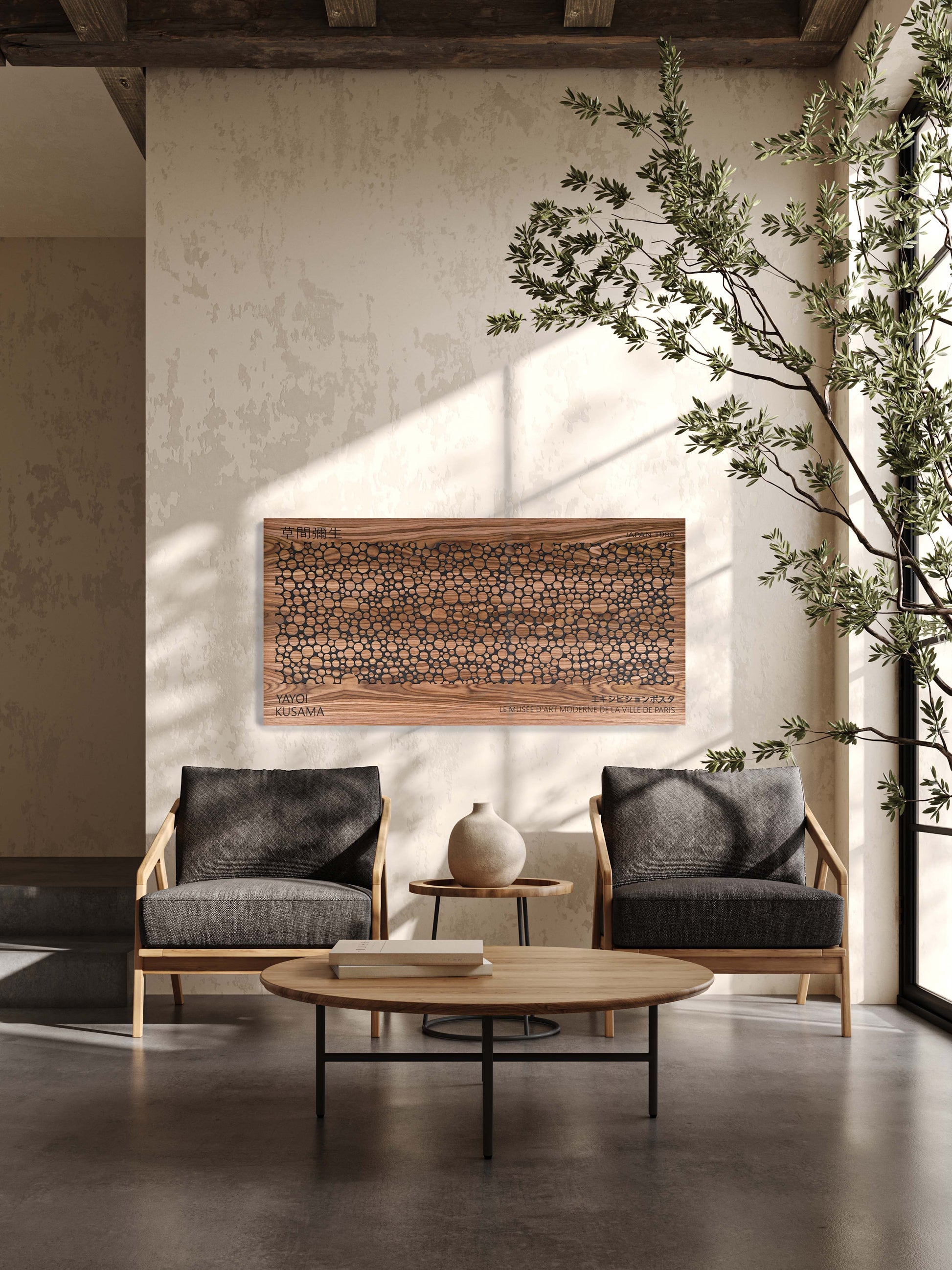 Bubble walnut and black wall panel above two armchairs, warm interior view