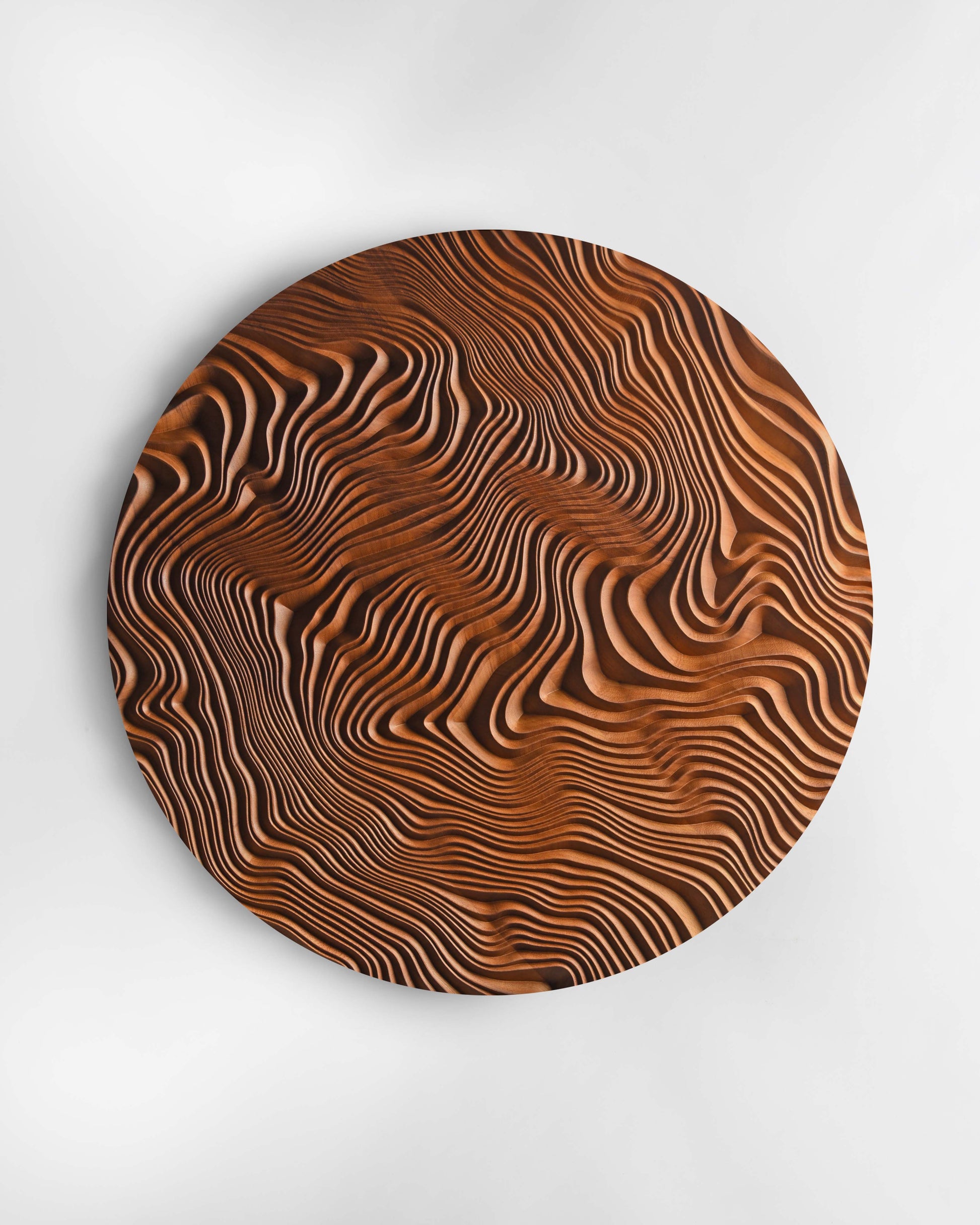 Close-up of canyon-like valleys on the Iroko surface, highlighting wooden wall panels craftsmanship and sophisticated bathroom design appeal.