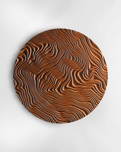 Close-up of canyon-like valleys on the Iroko surface, highlighting wooden wall panels craftsmanship and sophisticated bathroom design appeal.
