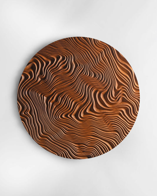 Close-up of canyon-like valleys on the Iroko surface, highlighting wooden wall panels craftsmanship and sophisticated bathroom design appeal.