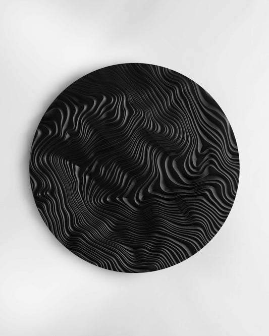 Close perspective on ridges swirling through dark-stained Iroko, merging boho chic interior charm with modern geometric design sensibilities.
