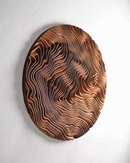 Edge focus showing the panel’s thickness, where carved canyon lines meet smooth Iroko grain, fitting both house design and hallway decor ideas.