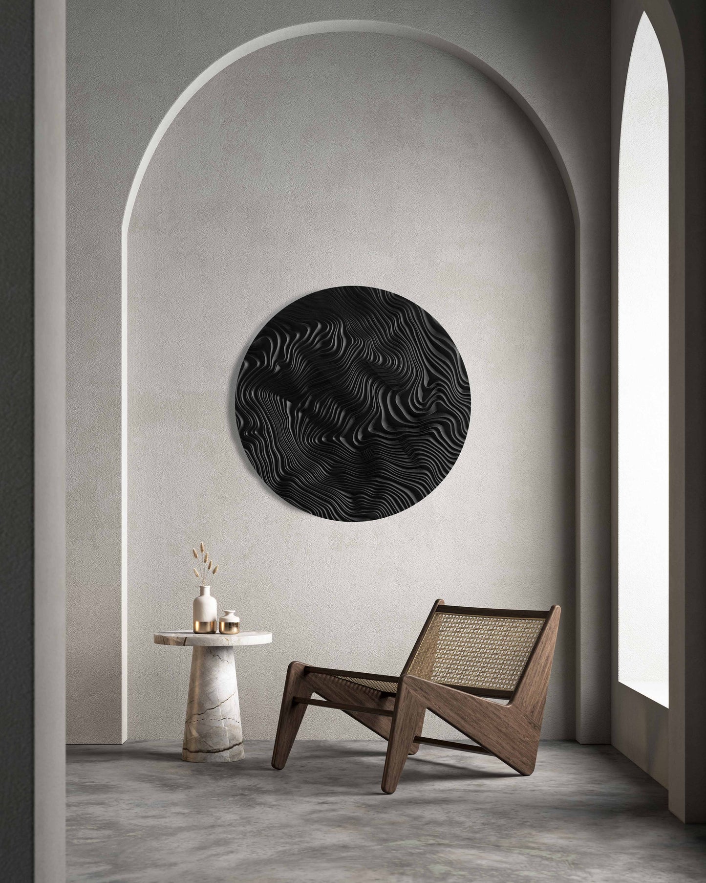 Close perspective on ridges swirling through dark-stained Iroko, merging boho chic interior charm with modern geometric design sensibilities.