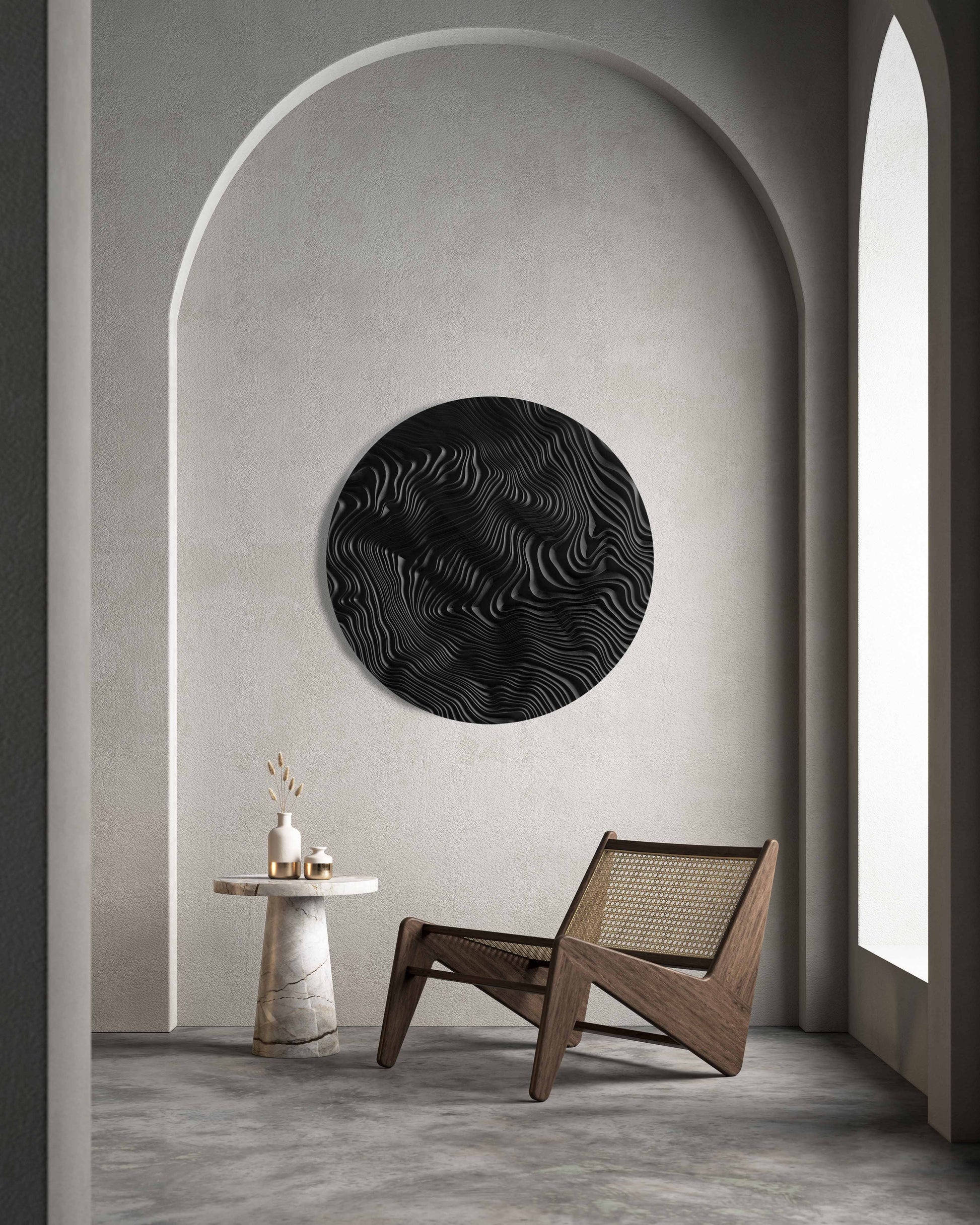Close perspective on ridges swirling through dark-stained Iroko, merging boho chic interior charm with modern geometric design sensibilities.