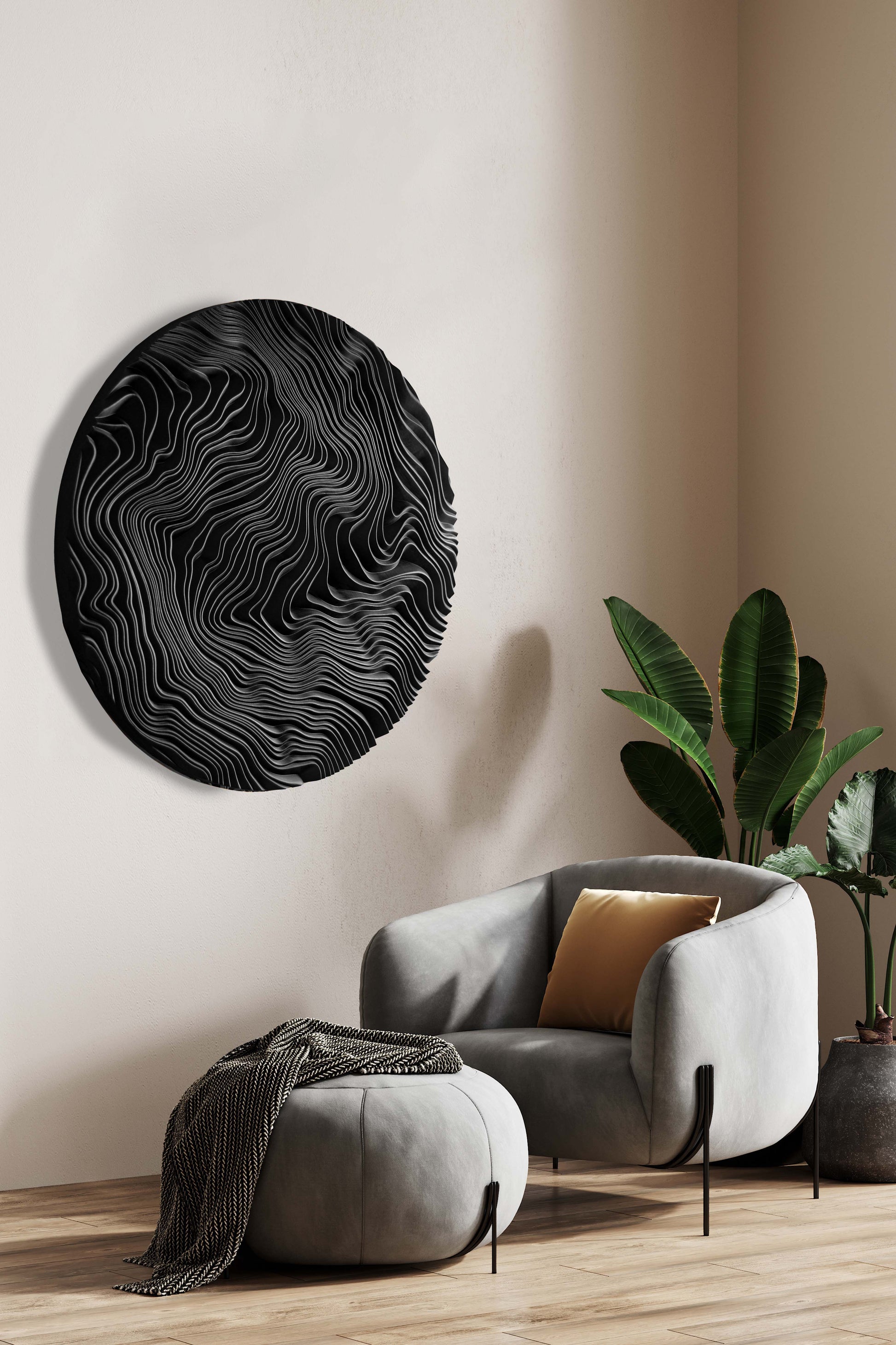 An airy home office with a circular canyon-inspired Iroko panel, pairing boho chic interior warmth and bold geometric design lines.