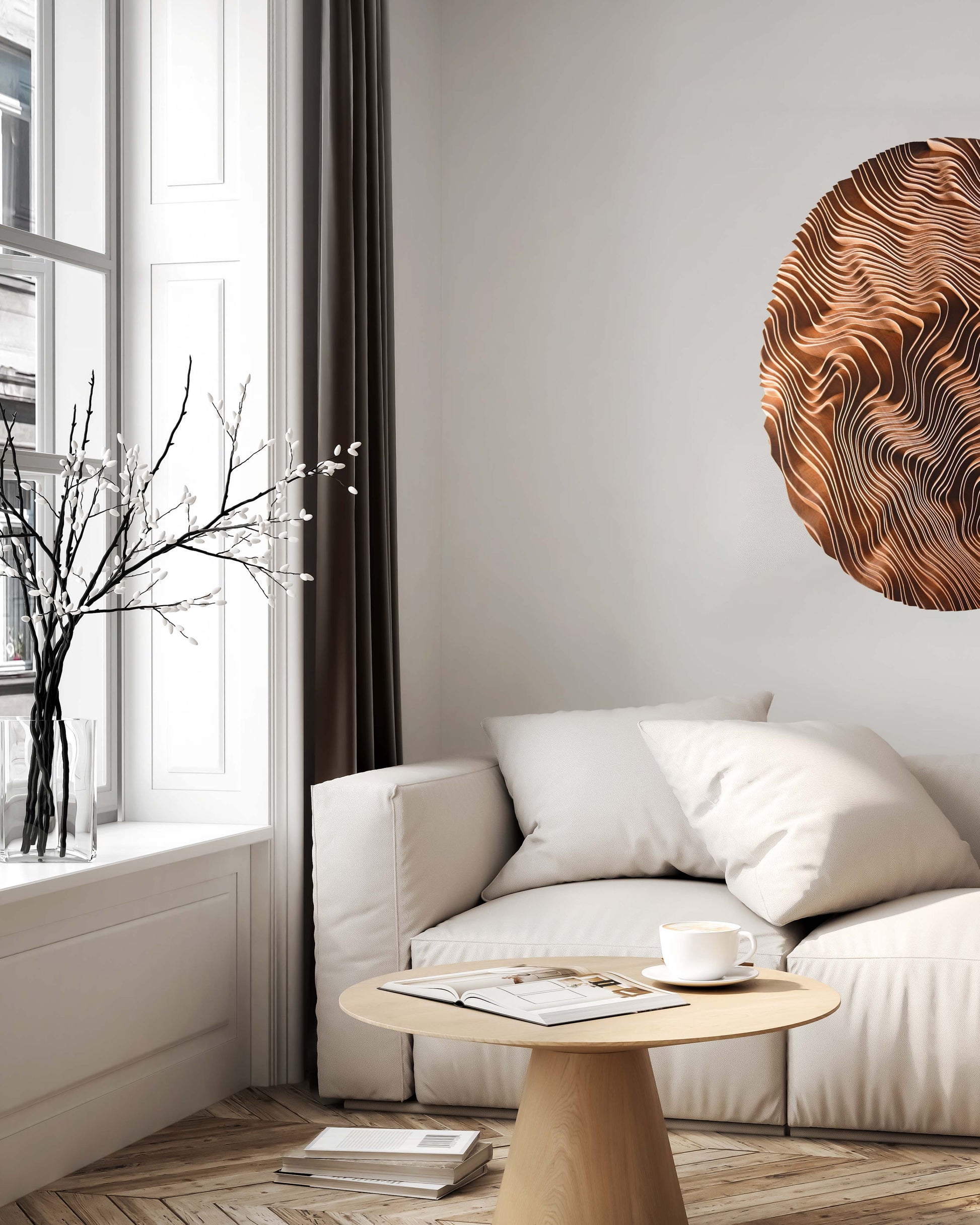 Sunlit dining area featuring a deep-carved canyon sculpture in Iroko, complementing scandi interior vibes and subtle geometry art.