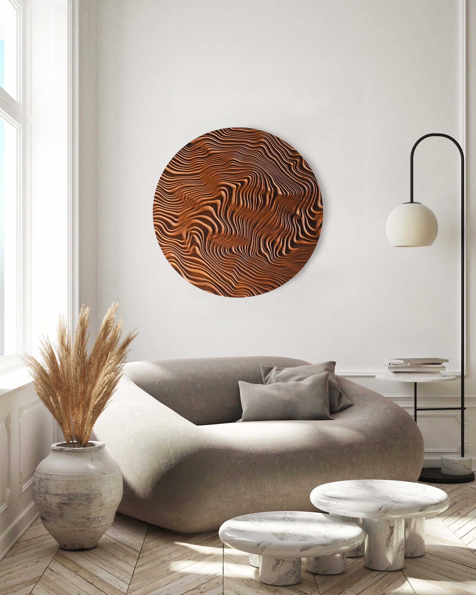 An airy home office with a circular canyon-inspired Iroko panel, pairing boho chic interior warmth and bold geometric design lines.