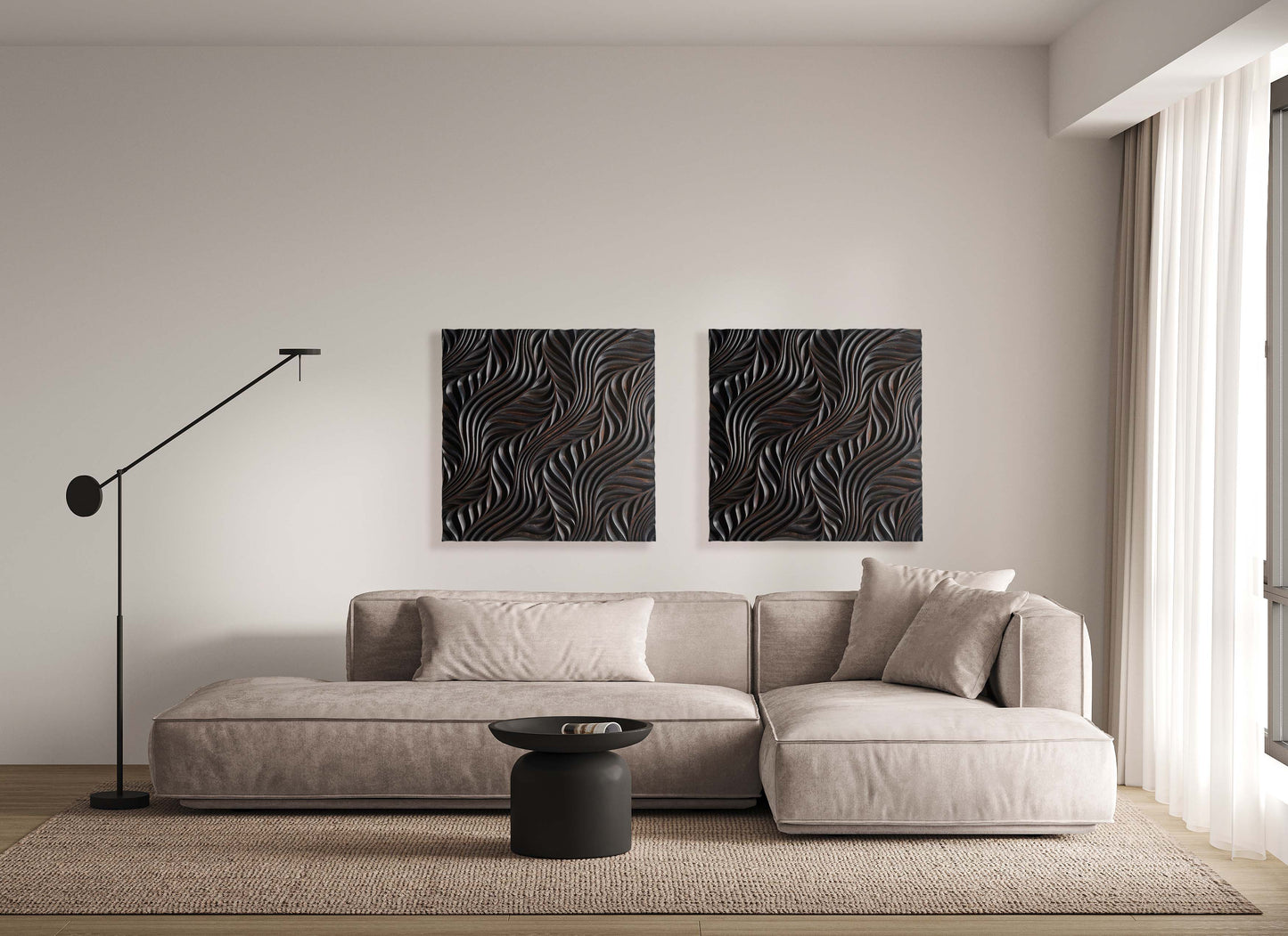 Detailed look at the ash grain following each carved line, suiting both boho chic interior vibes and a modern 3d wall panels approach.