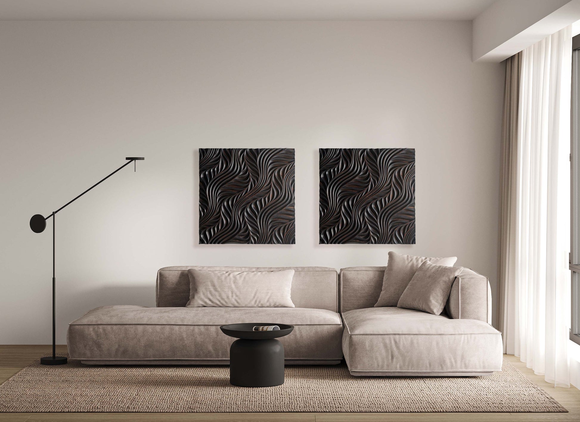 Detailed look at the ash grain following each carved line, suiting both boho chic interior vibes and a modern 3d wall panels approach.