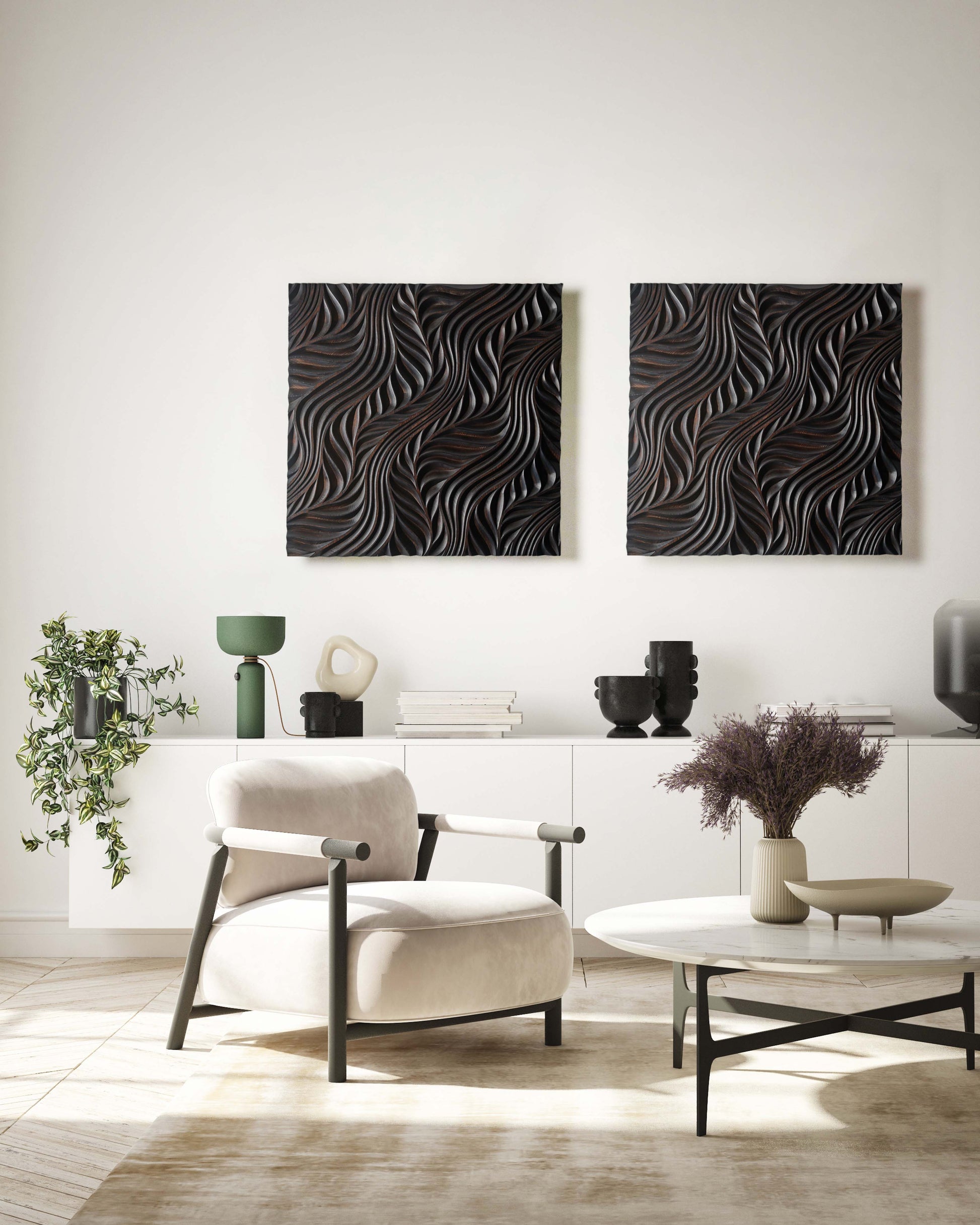 Gentle wave contours etched across dark frassino, offering big wall decor flair and subtle geometry art references.