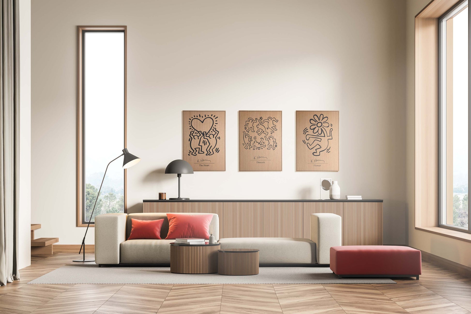 A rectangular oak and black ‘Heart’ carving mounted near an entry table, greeting guests with artistic flair and subtle geometry art.