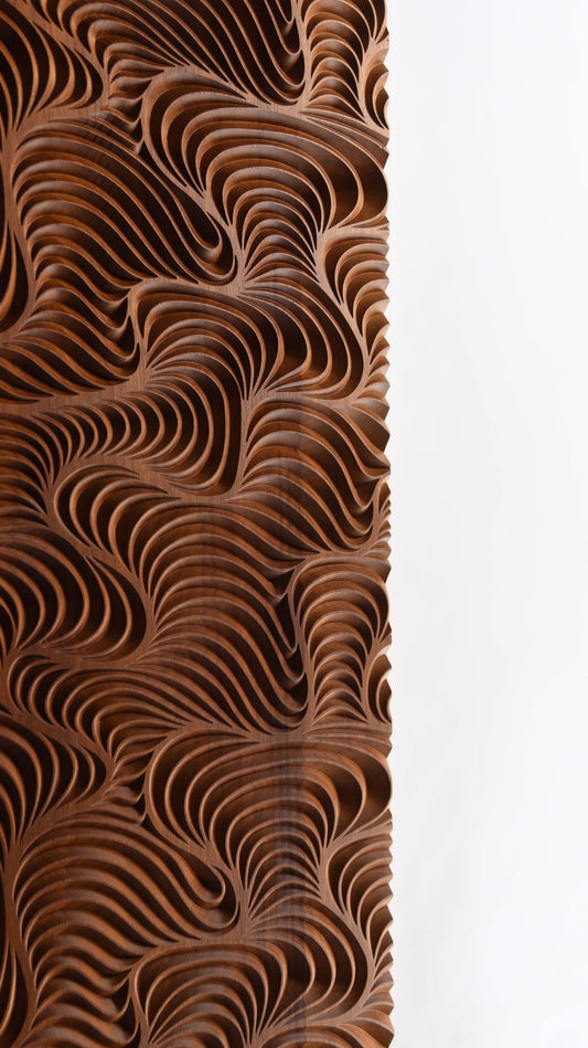 Wind and Earth square iroko wall sculpture, front view on white background