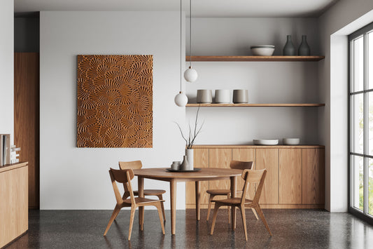 Shells rectangular iroko wall sculpture styled in kitchen dining interior