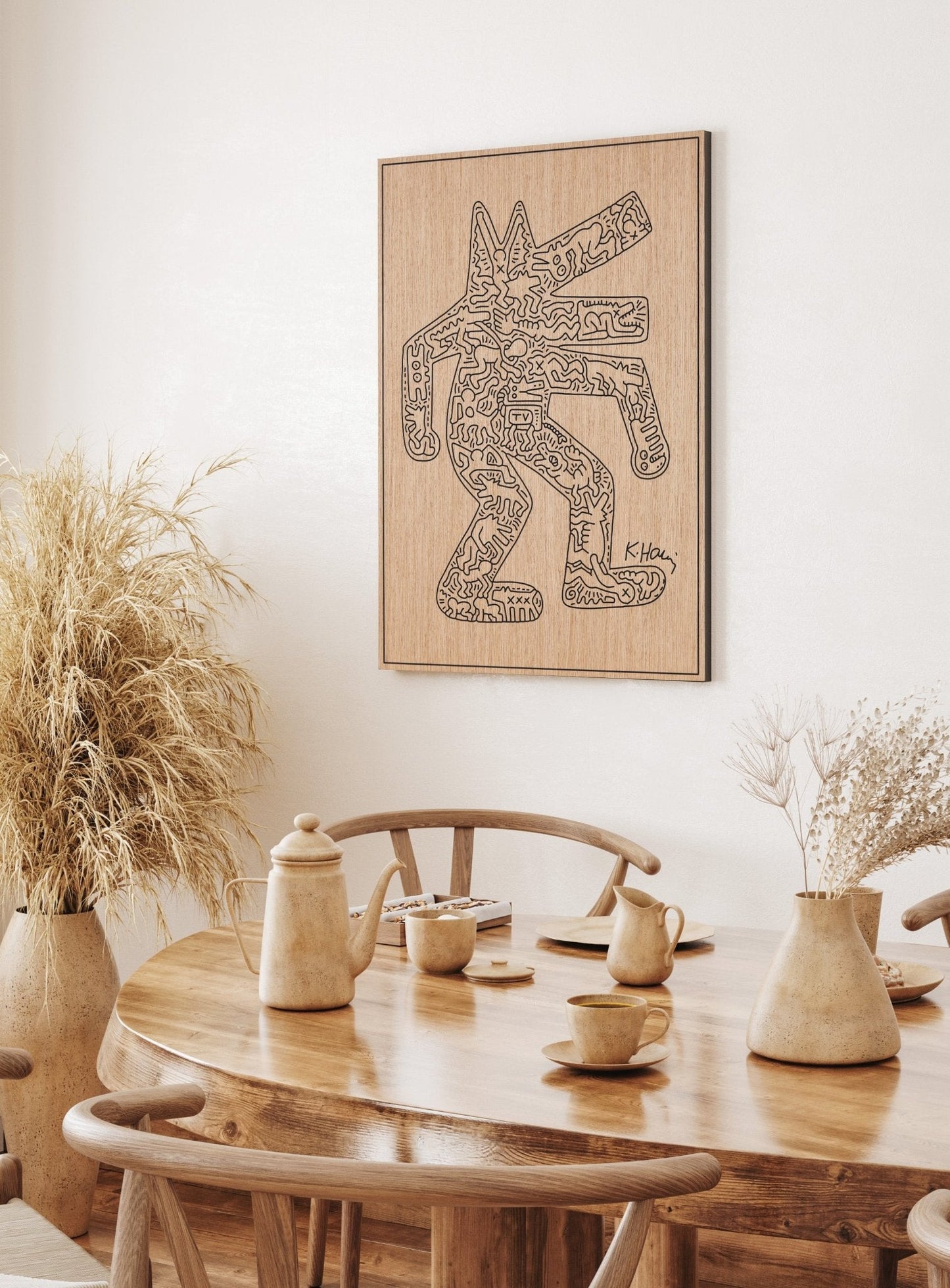 Crocodile Keith Haring carved oak wall art displayed in a warm dining space