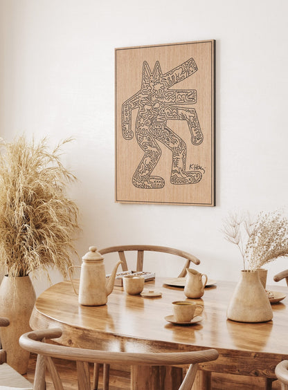 Crocodile Keith Haring carved oak wall art displayed in a warm dining space