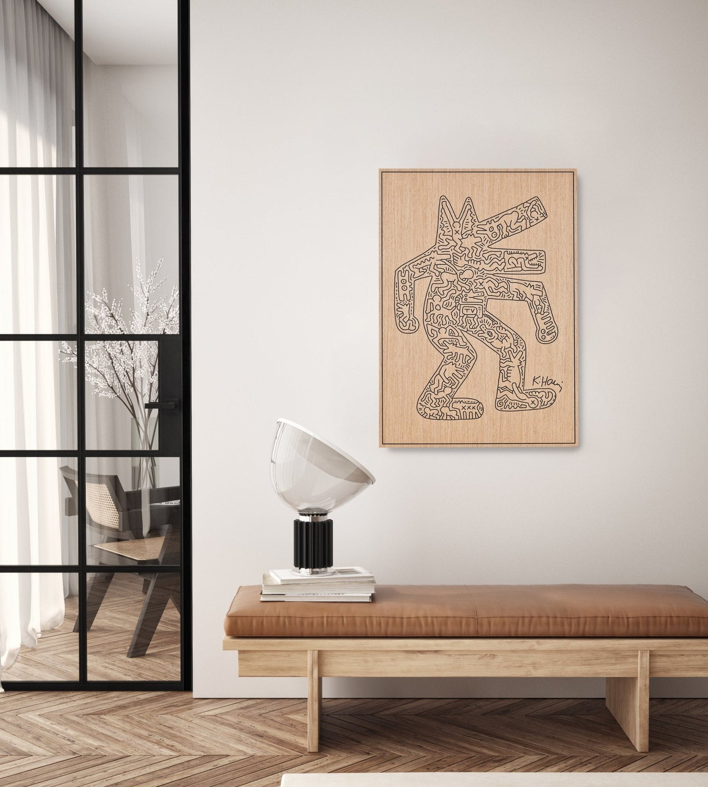Crocodile Keith Haring carved oak wall artwork styled above a bench in a modern interior