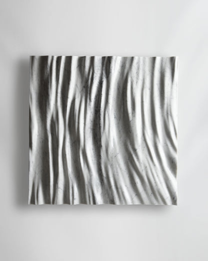 Eternal Carrara marble wall sculpture front view with flowing vertical folds and natural grey veining