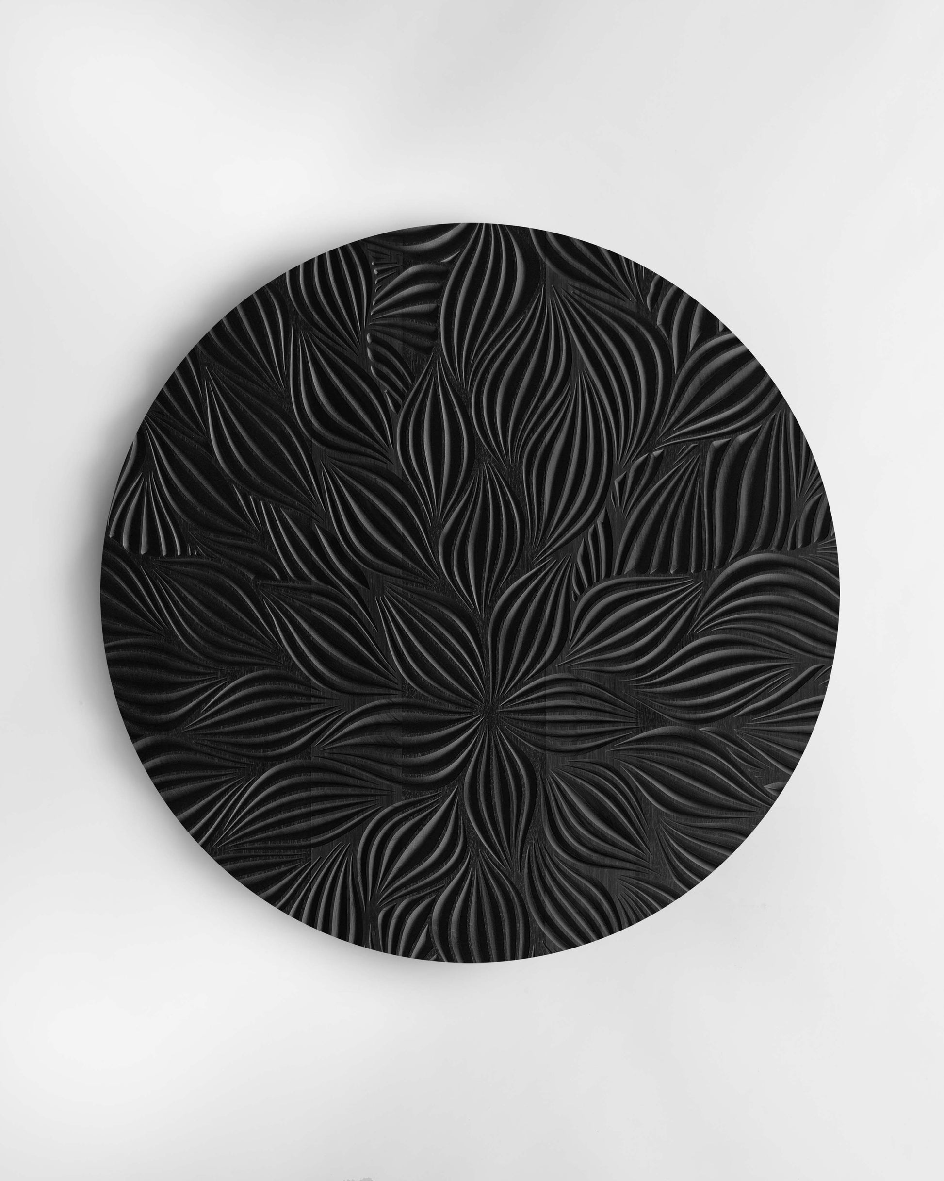Flowers black square wall sculpture, front view on white background