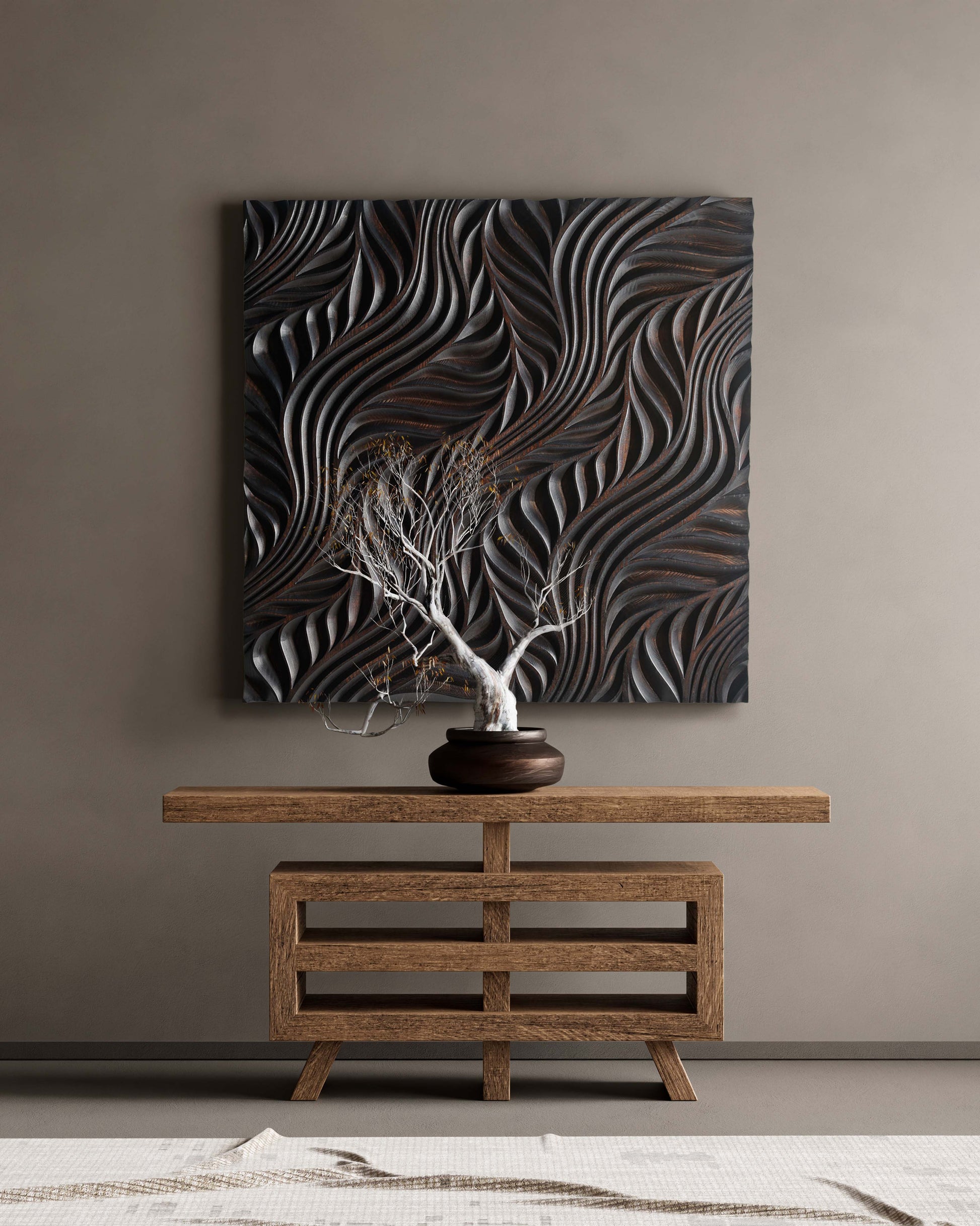 Square dark brown ash flow sculpture on a neutral wall, adding big wall decor charm and subtle sound diffusion to a modern house design space.