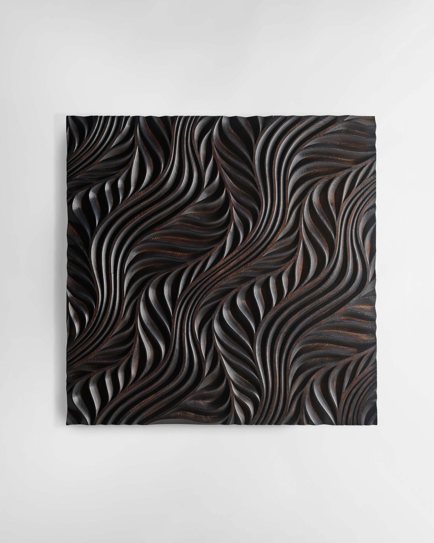 Close-up of smooth flow lines, emphasizing geometry art curves in dark brown ash, perfect for bathroom design or statement walls.