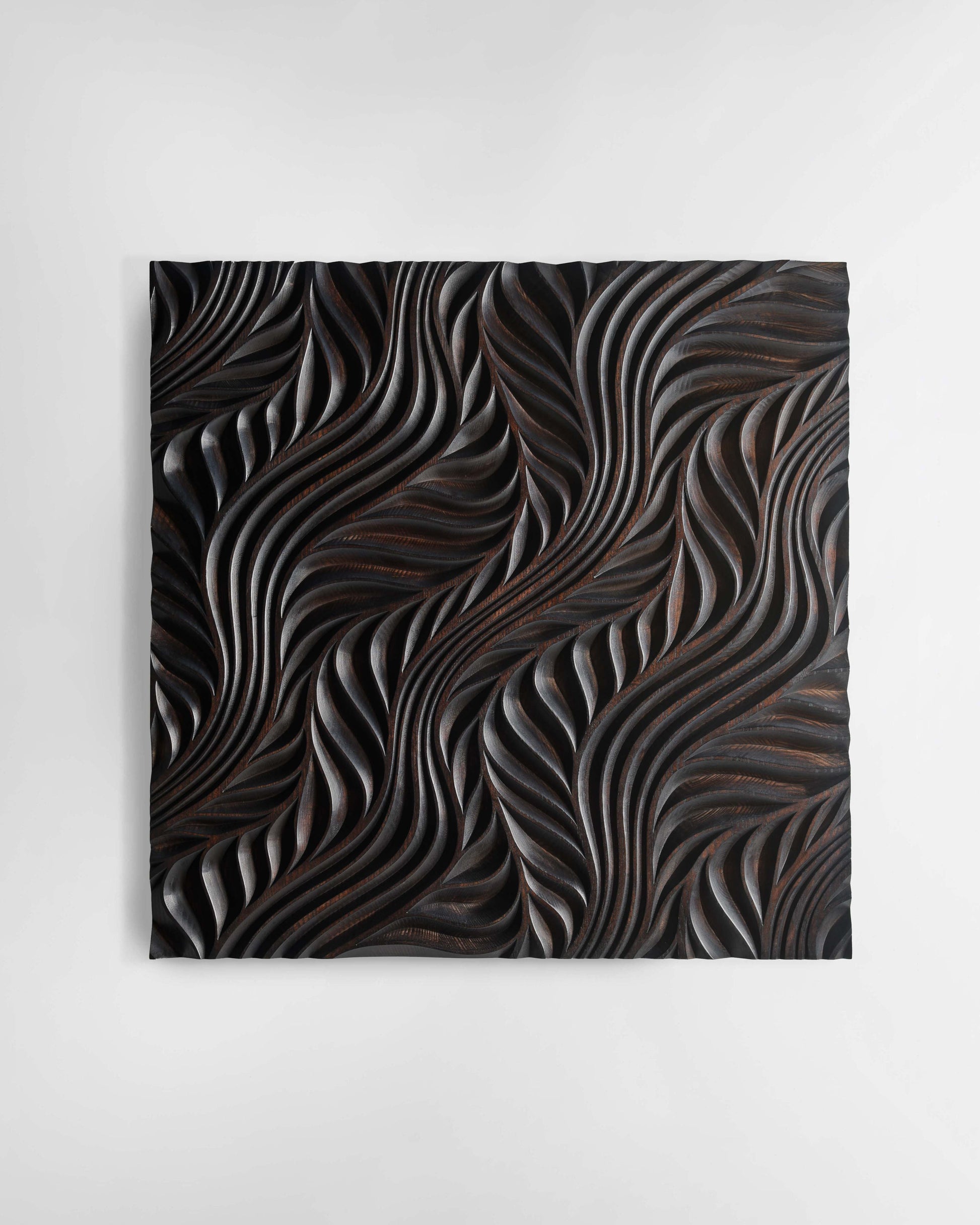 Close-up of smooth flow lines, emphasizing geometry art curves in dark brown ash, perfect for bathroom design or statement walls.