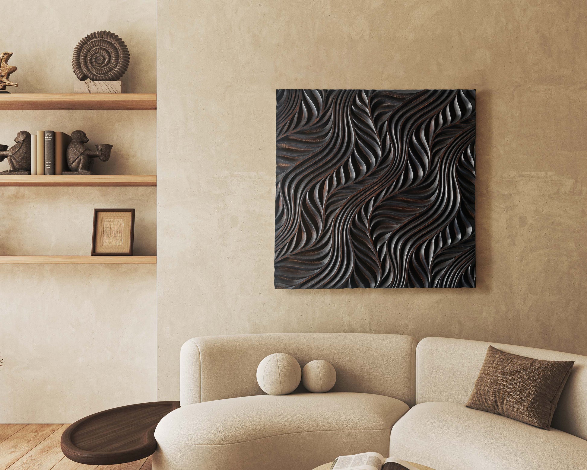 A warm flow motif panel mounted near a plush chair, blending boho chic interior notes and a subtle wood accent wall for a relaxed corner.