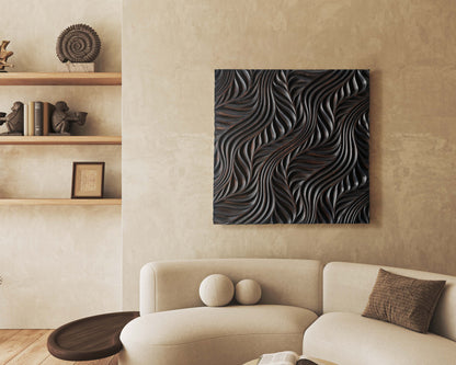 A warm flow motif panel mounted near a plush chair, blending boho chic interior notes and a subtle wood accent wall for a relaxed corner.