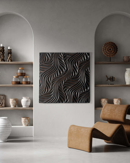 Flow-themed ash carving in a bright corridor, meeting hallway decor ideas goals and uniting sleek geometric design with rich wood tones.