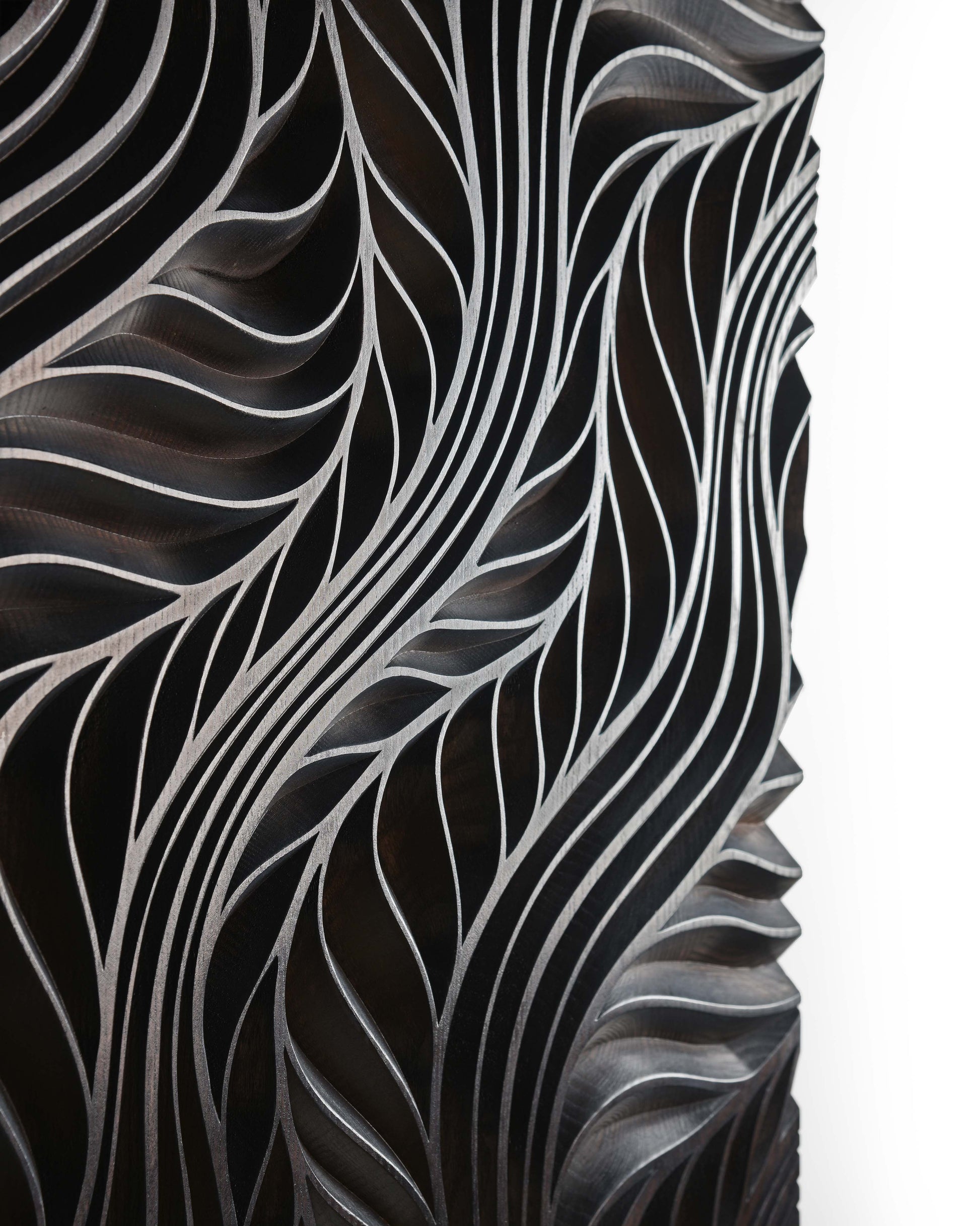 Shadows accent the layered flow ridges, adding big wall decor dimension and quiet acoustic enhancement in a wood accent wall setup.