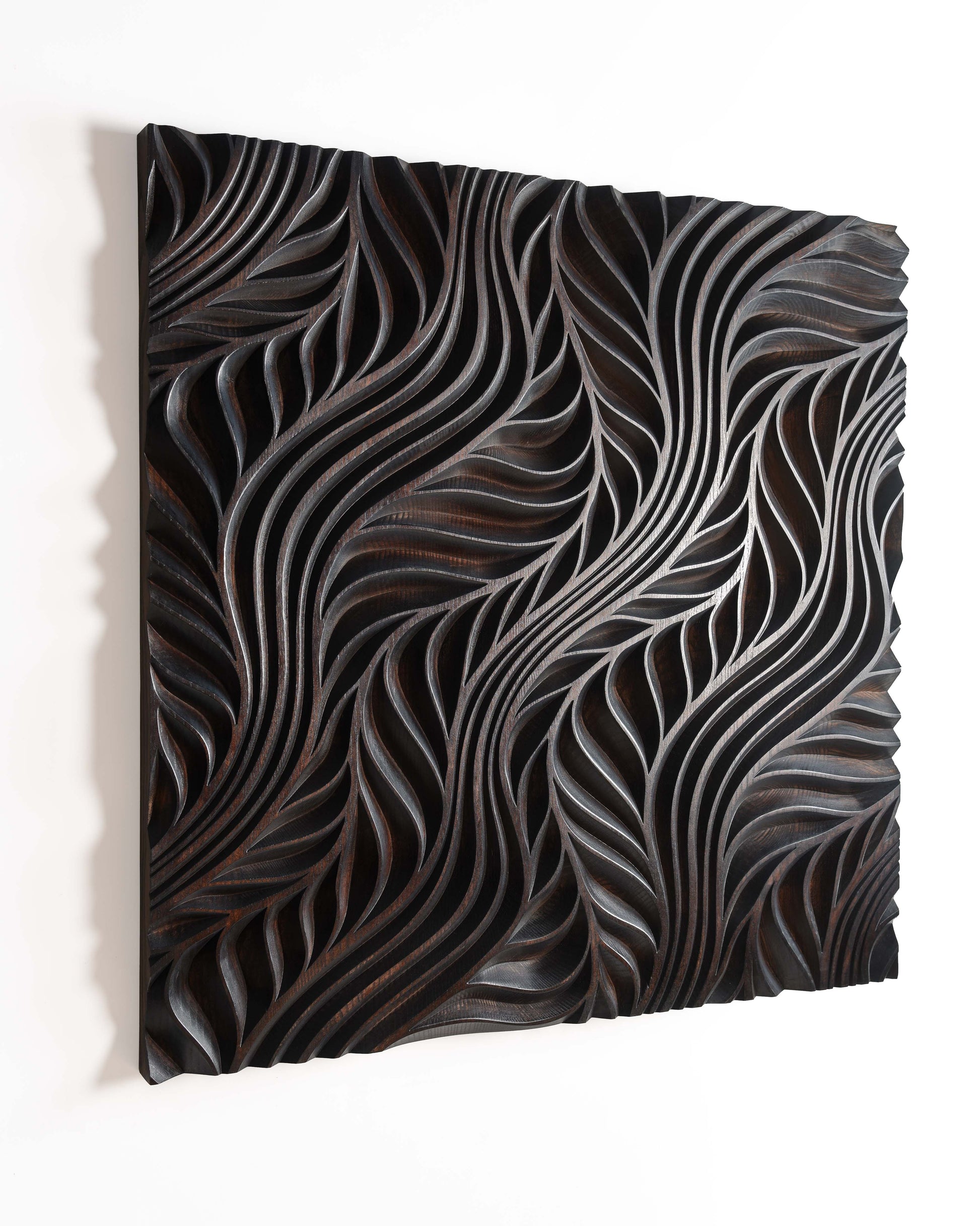 Detailed look at the ash grain following each carved line, suiting both boho chic interior vibes and a modern 3d wall panels approach.