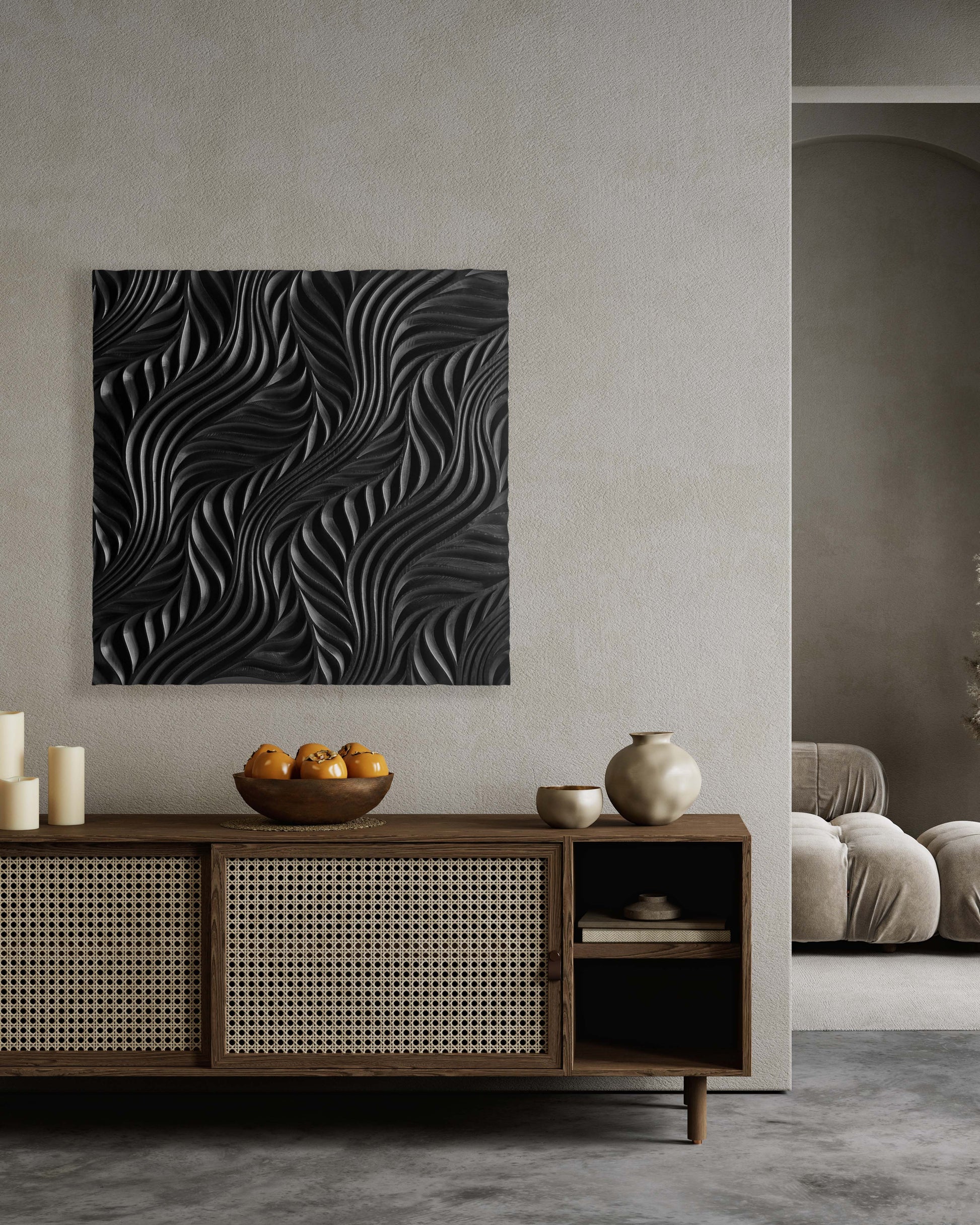 Macro shot showcasing rhythmic wave contours, blending a scandi interior aesthetic with the panel’s flow motif for natural fluidity.