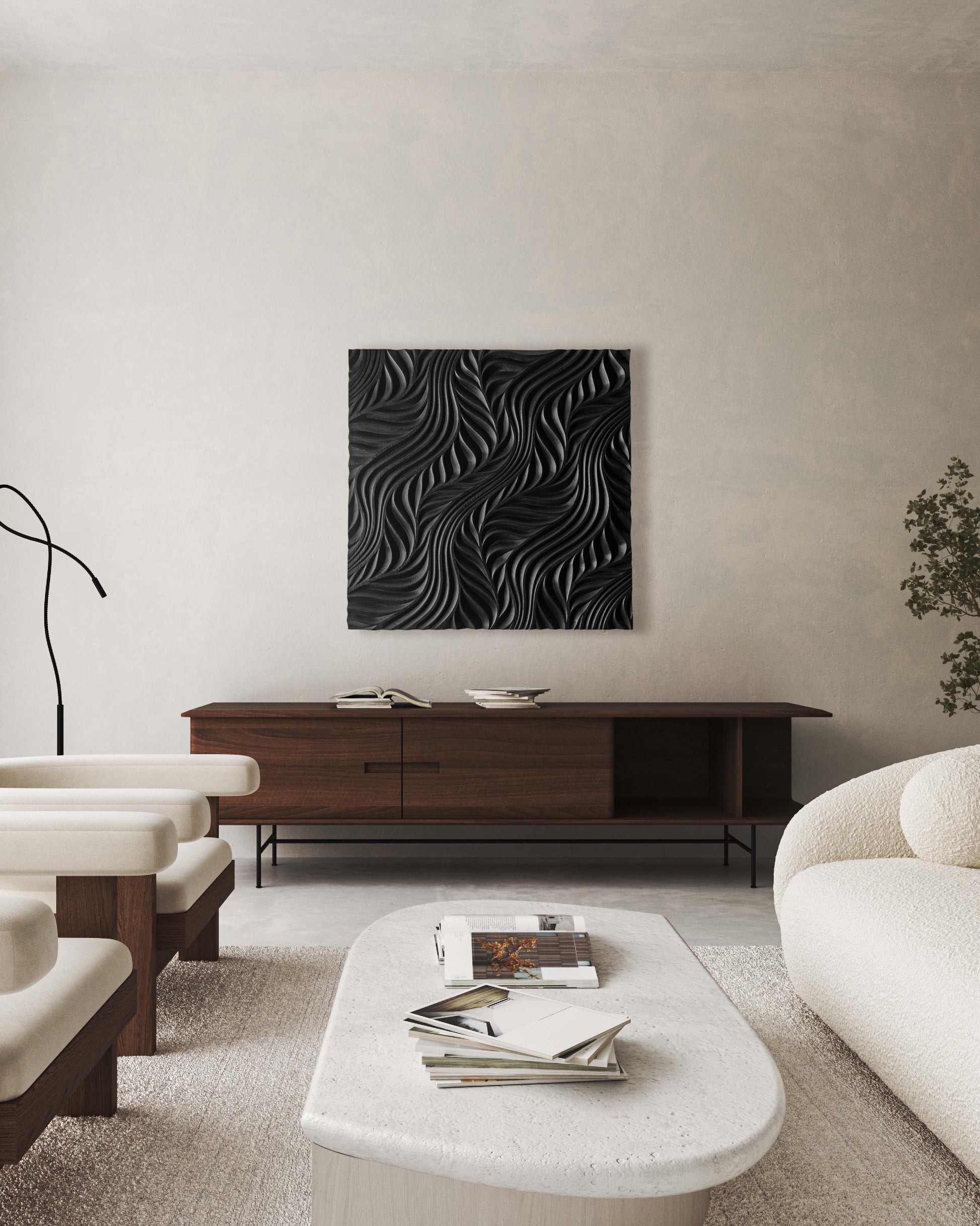 Bold black flow carving showcased in a refined bathroom design, merging quiet boho chic interior vibes with smooth, sculpted artistry