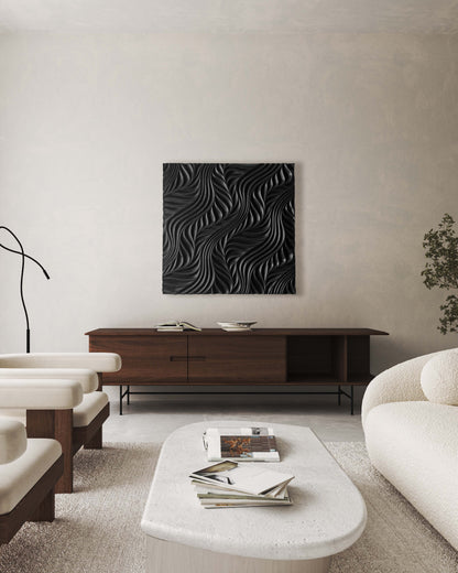 Bold black flow carving showcased in a refined bathroom design, merging quiet boho chic interior vibes with smooth, sculpted artistry